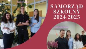 samorząd szkolny 24/25 Po lewej stronie skład Samorządu Uczniowskiego w kadencji 24/25 (3 osoby), po prawej stronie Samorząd Uczniowski z Opiekunem (4 osoby).