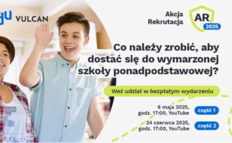 Chłopieć z podniesioną ręką w geście powitania. Obok informacja o szkoleniach dot. rekrutacji do szkół średnich.