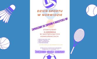 Plakat Dnia Sportu w szkole im. Norwida. Start 2 czerwca. Konkurencje: przeciąganie liny, skoki z miejsca, bieg wahadłowy, tor przeszkód. Zawody między klasami. Zapisy u nauczycieli WF. Hasło: „Która klasa okaże się najbardziej sportowa w tym roku?”. Na plakacie kolorowe ilustracje sportowe.