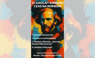 Plakat z postacią Norwida w różnych barwach, zachęcający do udziału w konkursach norwidowskich