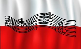 Flaga Polski, na niej pięciolinia z nutami