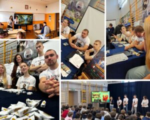 Kolaż zdjęć ze spotkań z uczniami klas 8.