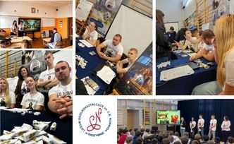 Kolaż zdjęć ze spotkań licealistów z uczniami klas 8