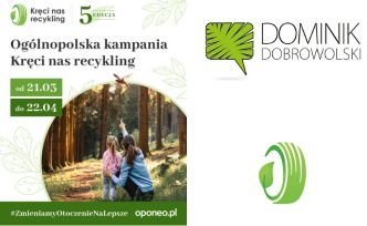 Plakat zachęcający do udziału w kampanii ekologicznej: dwie osoby stoją w lesie i patrzą na lecącego ptaka. Po lewej stronie logotypy oraz nazwisko Dominik Dobrowolski.